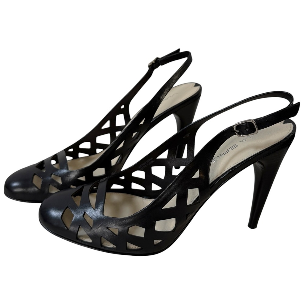 Via Spiga Black Leather Laser Cut Slingback Heels Stiletto Pump Italy 7.5M